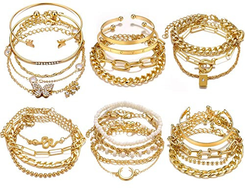17IF 25 Pcs (6 Pack) Gold Chain Bracelets Set for Women Boho Punk Stackable Y2K Multipack Layered Bangles Pack Adjustable Cuff Italian Cuban Anklet Charm Chunky Bracelet Bundle Jewelry | Amazon (US)