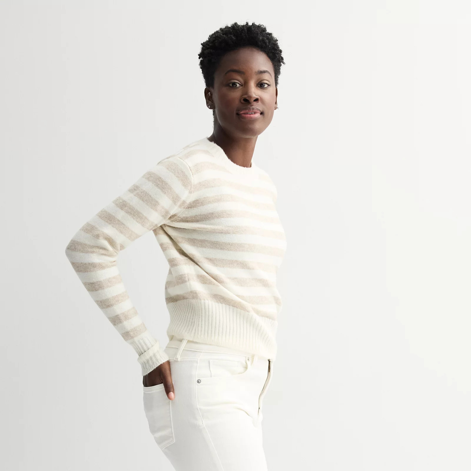 Petite Women's Sonoma Goods For Life® Crewneck Sweater, Size: Small Petite, Neutral Beige Stripe | Kohl's