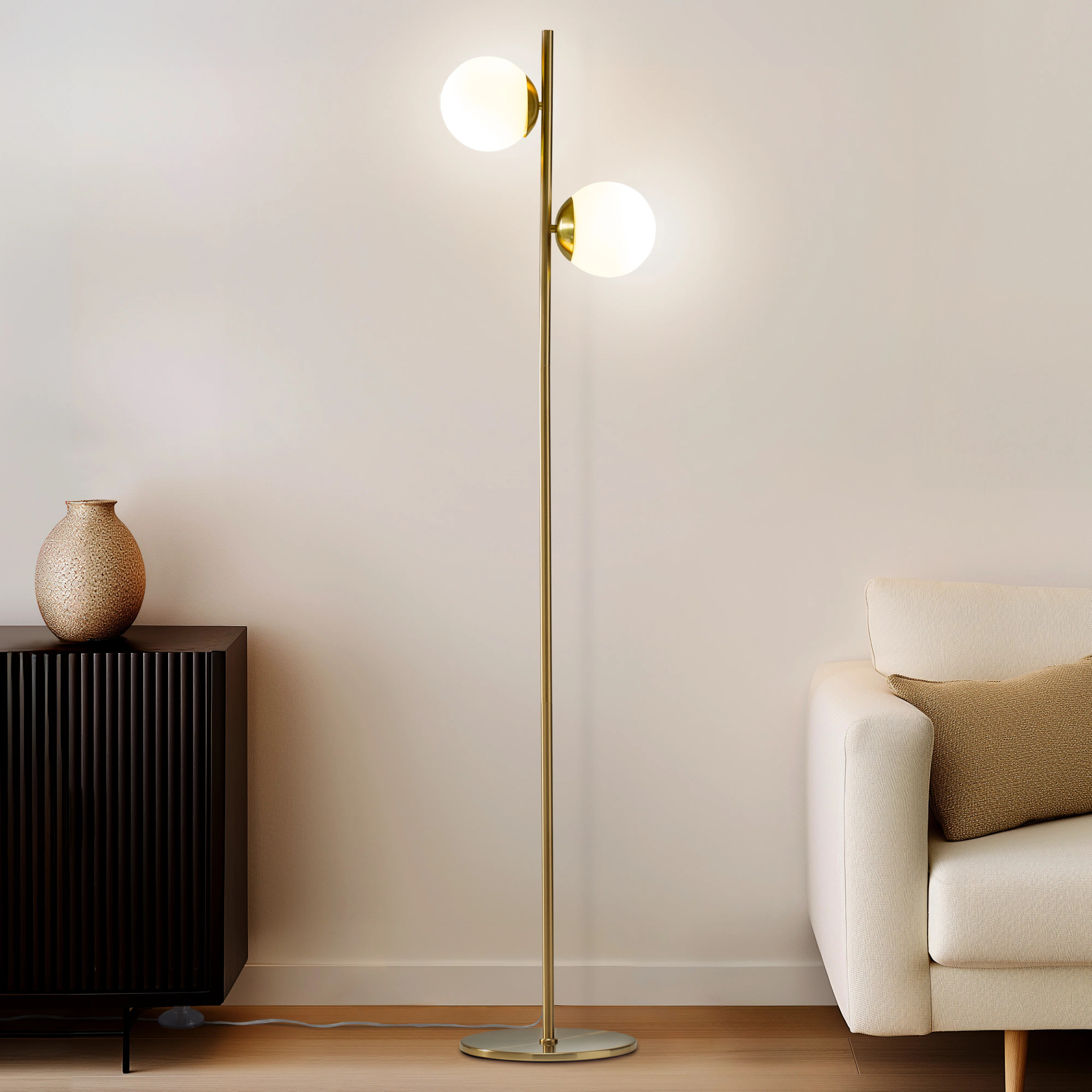 Sphere 65 in. Modern LED Energy-Efficient Floor Lamp in Brass Finish with 2 Glass Globe Shades | Wayfair North America