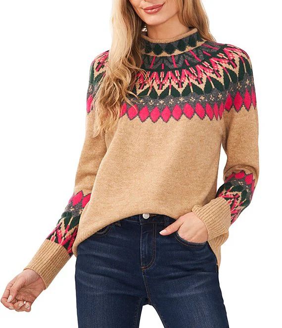 Jersey Long Sleeve Funnel Neck Fair Isle Print Sweater | Dillard's