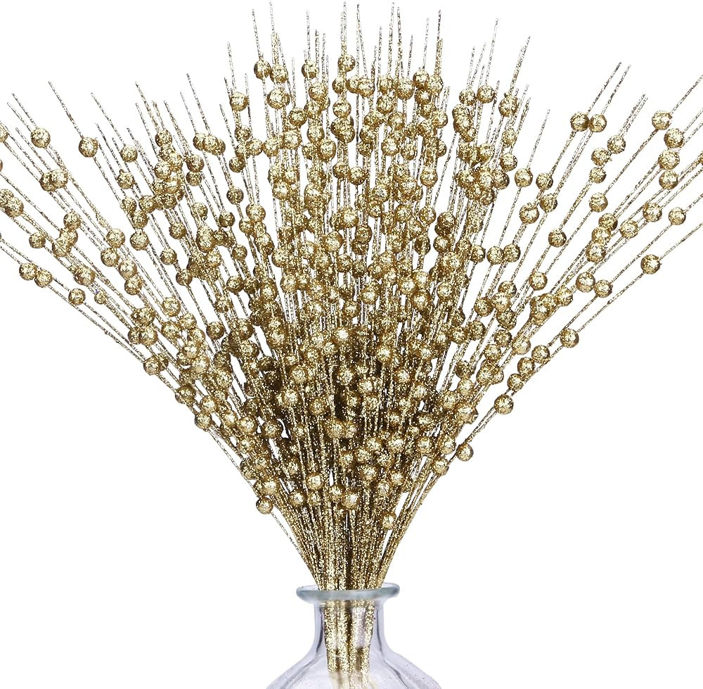 10 Pack Golden Artificial Glitter Berry Stems 15.7" Fake Christmas Picks Decorative Glitter Stick... | Amazon (US)