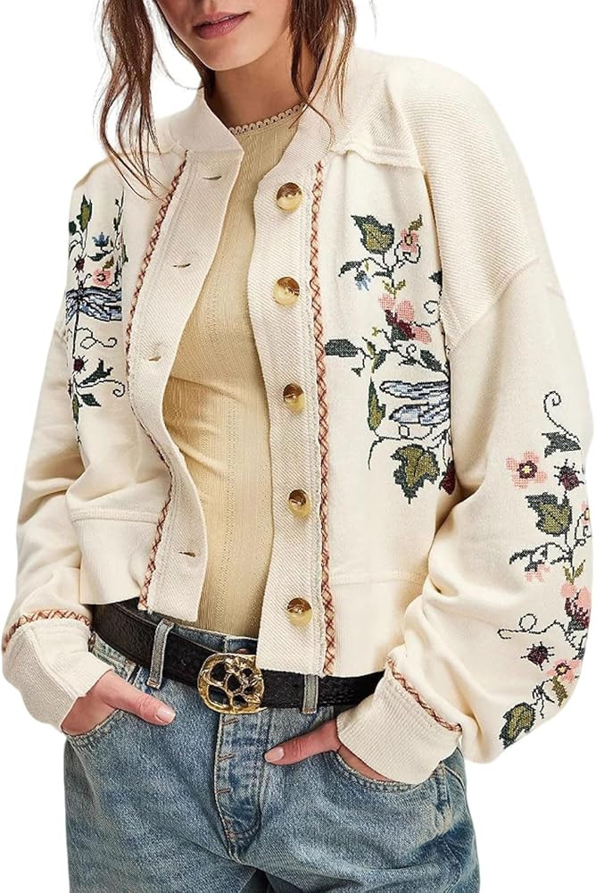 loveimgs Women Chunky Knit Cardigan Embroidered Button Cardigan Jacket Crop Sweatshirt Outwear Co... | Amazon (US)