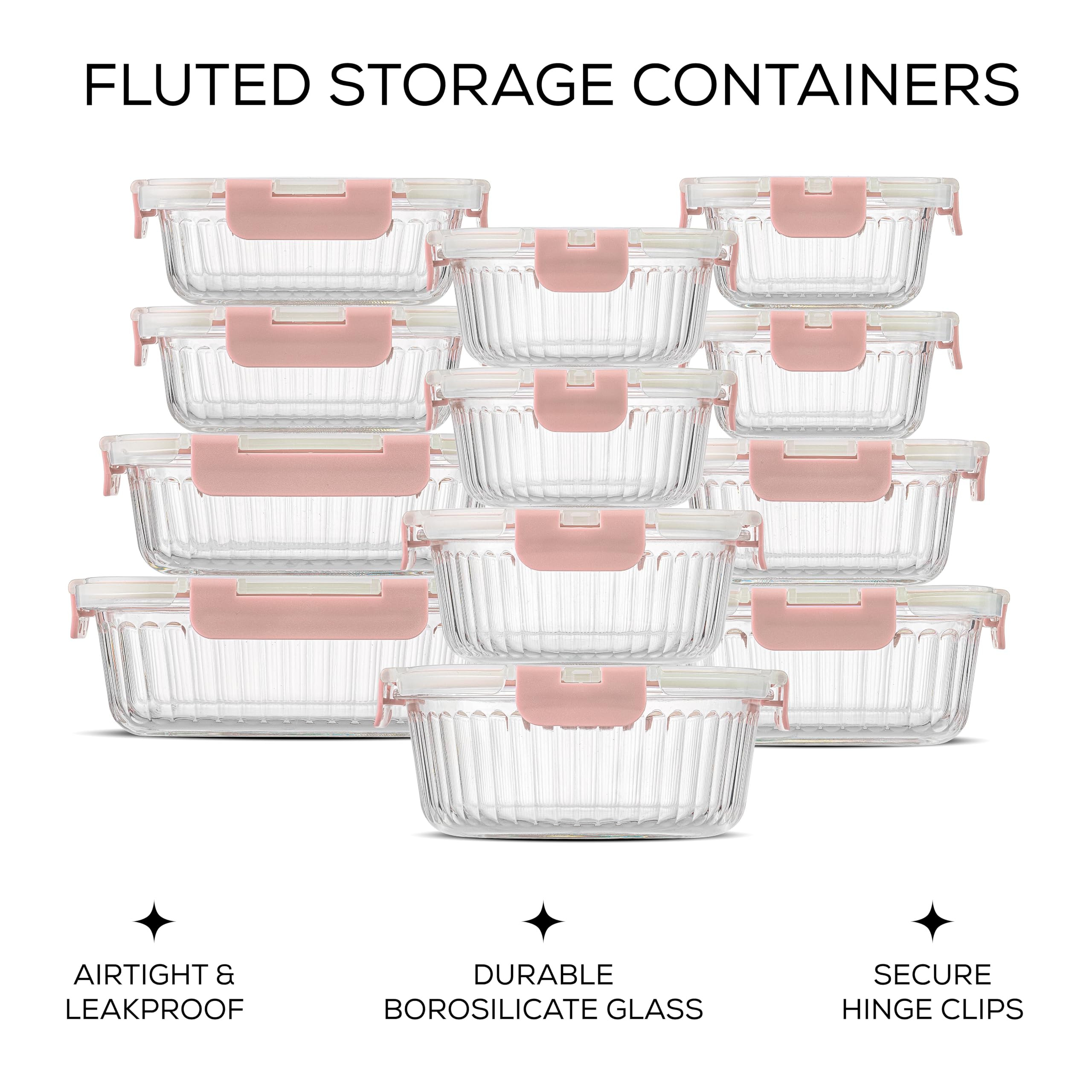 JoyJolt 24pc Fluted Glass Storage Containers with Lids. 12 Airtight, Freezer Safe Food Storage Containers, Pantry Kitchen Storage Containers, Glass Meal Prep Containers for Lunch | Amazon (US)