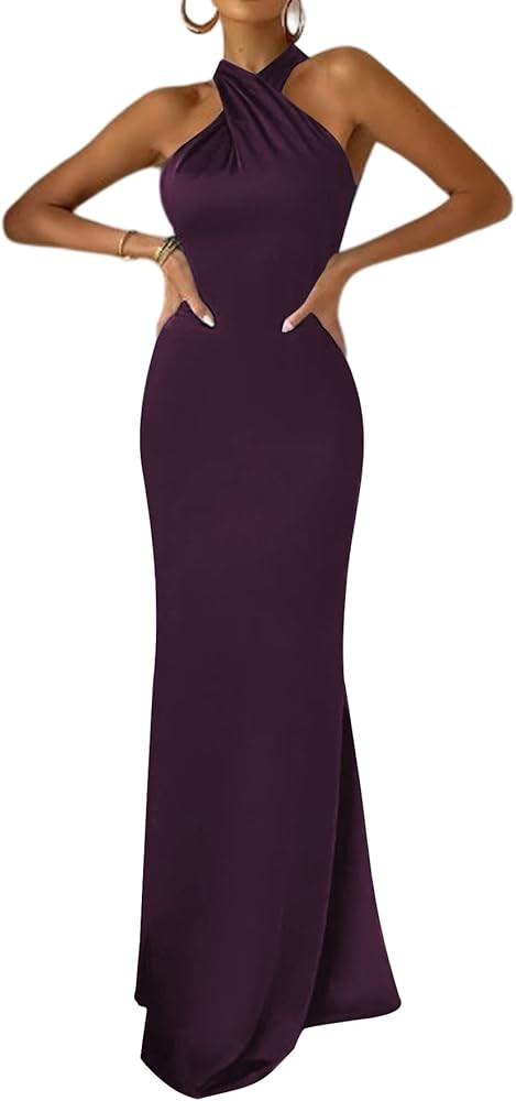 Rooscier Women's Satin Halter Neck Sleeveless Backless Ruched Mermaid Prom Maxi Dress | Amazon (US)