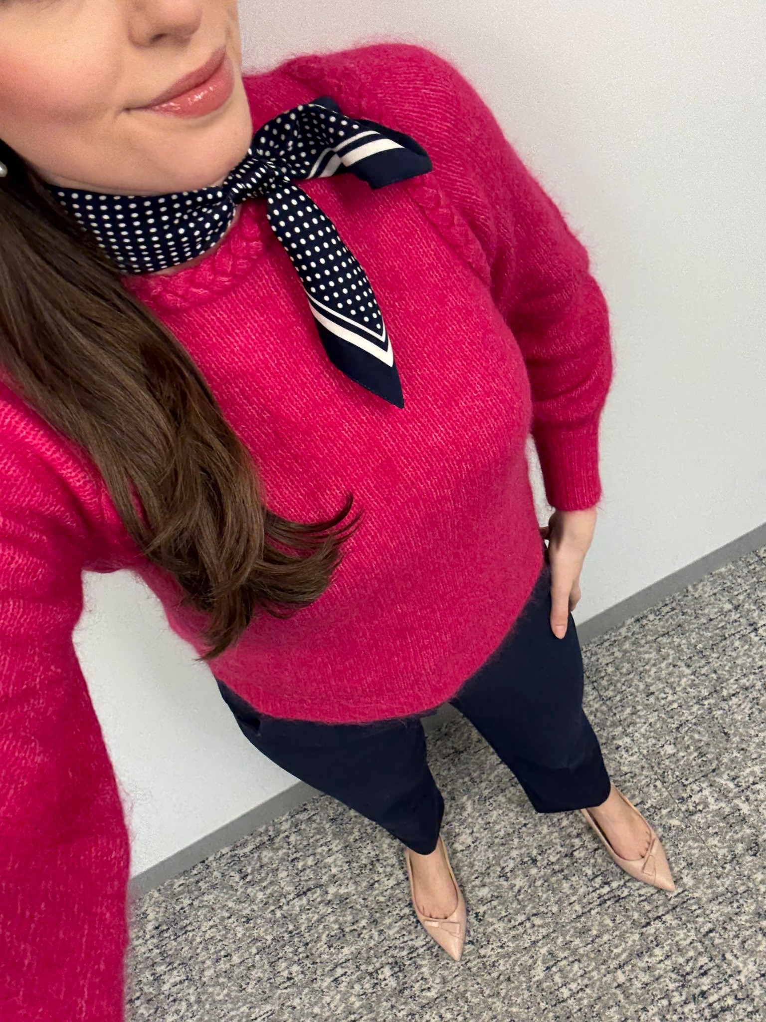 Office style, office outfit, business casual, workwear, winter workwear, lawyer, attorney, corporate style, corporate outfit, Sezane sweater, Sezane, nude slingbacks, nude flats l, silk scarf, kerchief, silk neck scarf, pink sweater

#LTKootd #LTKSeasonal #LTKWorkwear