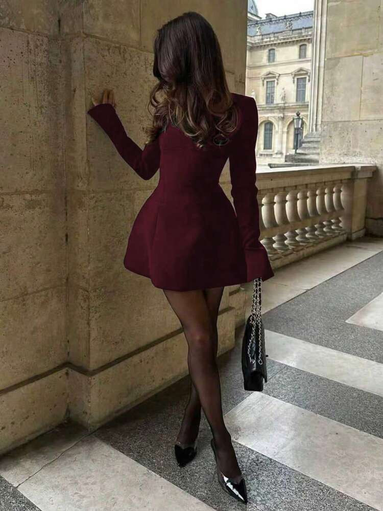 Elegant Basic Business Commuter Blazer Dress, Waist Cinched Backless Long Sleeve Dress | SHEIN