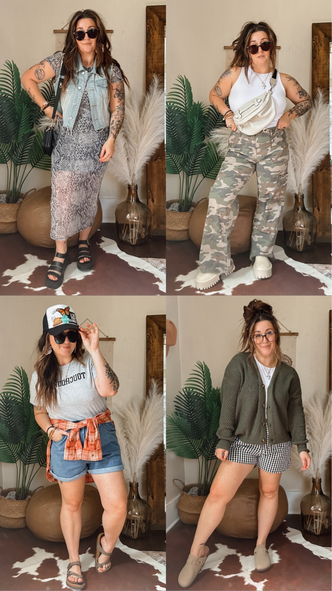 Walmart NOW vs LATER outfits! #walmartpartner @walmartfashion #walmartfashion Sharing the NOW outfits! How I would style all these items for the rest of summer! 

Mesh dress - wearing large (juniors sizing!) 
Camo pants - wearing large (juniors sizing!)
Touchdown graphic tee - wearing XL (juniors sizing)
Orange flannel - wearing medium (TTS) 
Green cardigan - large (sized up one for oversized fit) 
Faux suede platform boots - sized up 1/2 a size! 
Black combat boots - TTS! 

& added in some super cute Walmart accessories! 


#LTKSeasonal #LTKBacktoSchool #LTKU