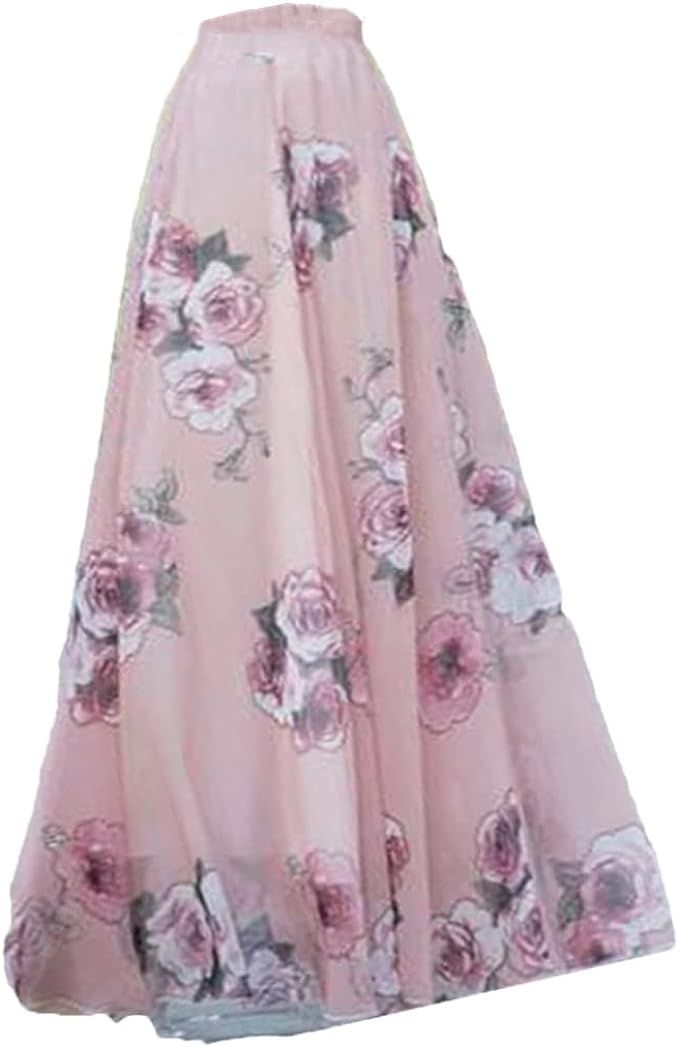 Women Floral Print Ankle Length Maxi Chiffon Skirt Girls High Waisted Long Beach Boho Vintage Fai... | Amazon (US)