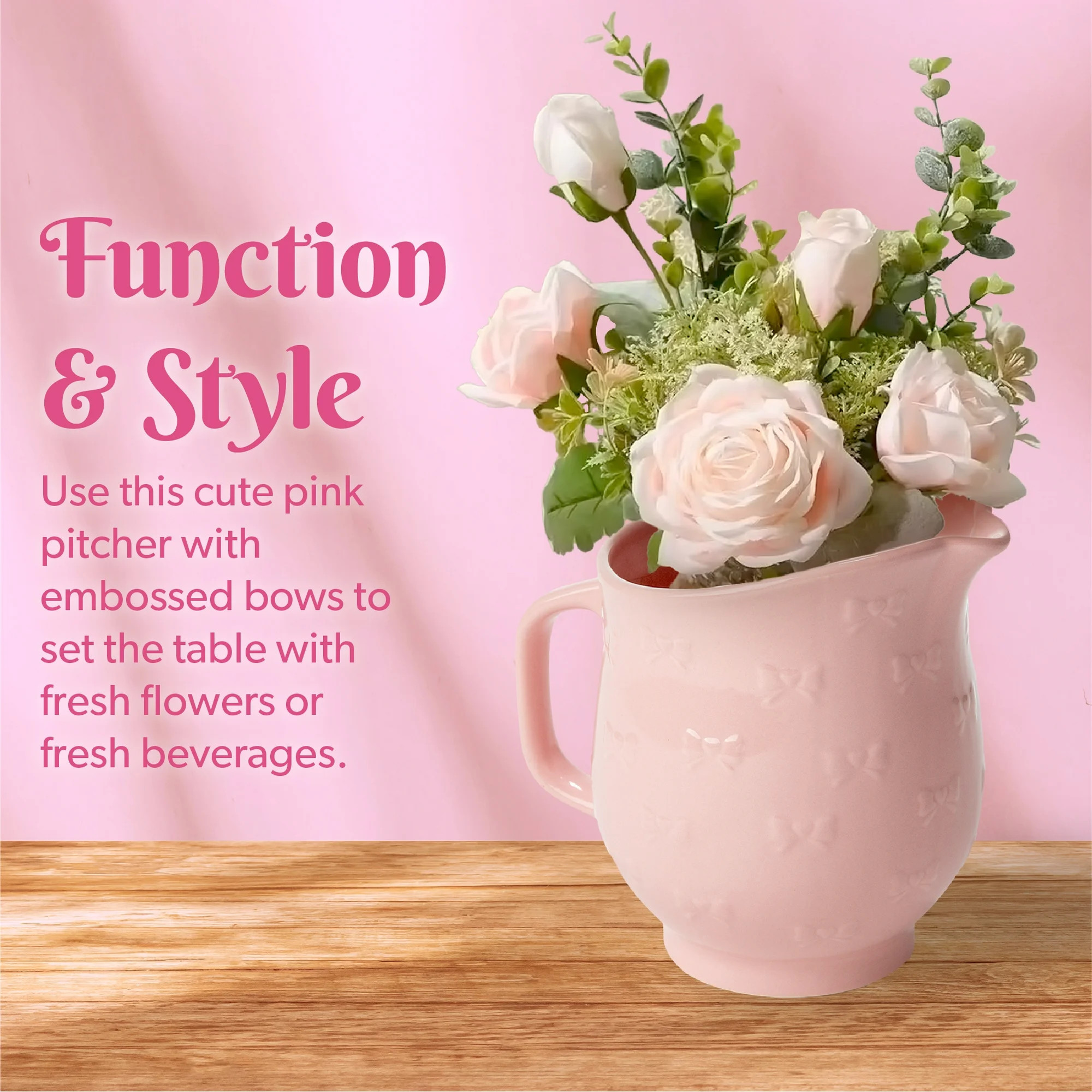 Paris Hilton Ceramic Pitcher, 40 Ounce Capacity, Easy Pour Spout, Embossed Bow Design, Pink | Walmart (US)