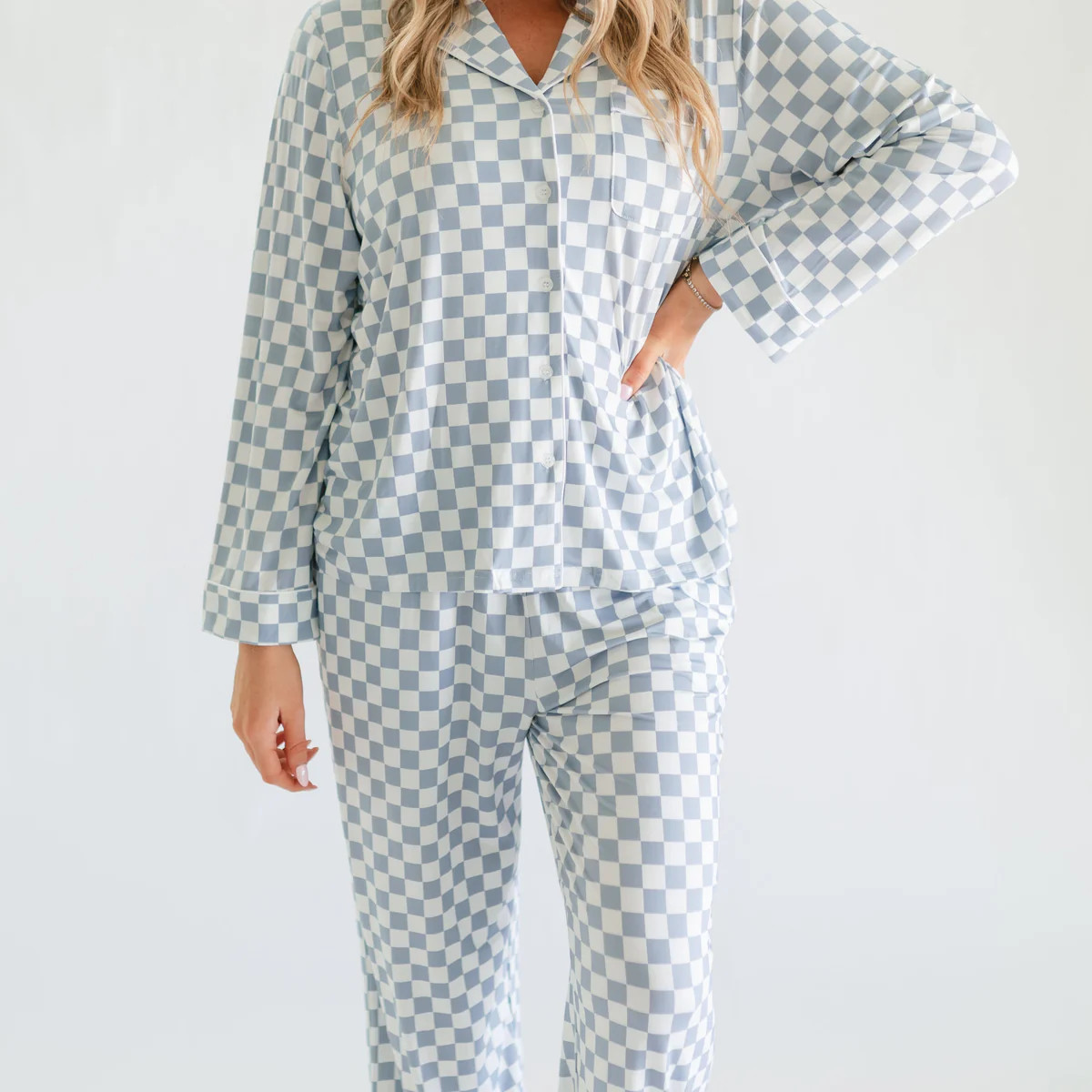 Women's Button Up Set In Cornflower Blue Checkered | Silks Design