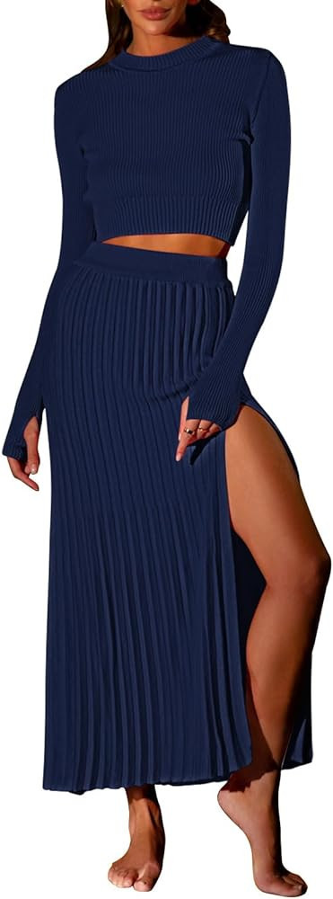 Pink Queen Women's 2 Piece Sweater Outfits Set Long Sleeve Crop Top Ribbed Split Bodycon Midi Lon... | Amazon (US)