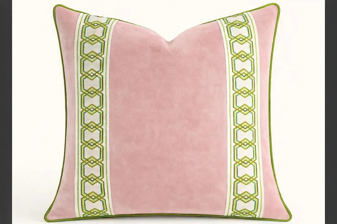 Blush Pink Velvet Pillow Cover With Apple Green Geometric Trim | Grandmillennial Chinoiserie Styl... | Etsy (DACH)