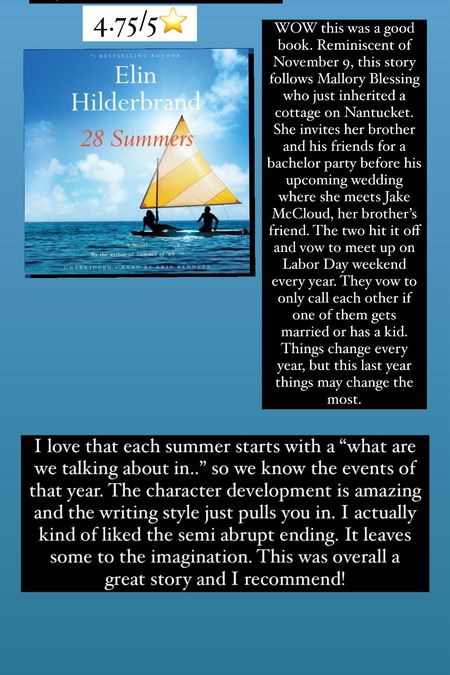51. 28 Summers by Elon Hilderbrand :: 4.75/5⭐️. WOW this was a good book. Reminiscent of November 9, this story follows Mallory Blessing who just inherited a cottage on Nantucket. She invites her brother and his friends for a bachelor party before his upcoming wedding where she meets Jake McCloud, her brother’s friend. The two hit it off and vow to meet up on Labor Day weekend every year. They vow to only call each other if one of them gets married or has a kid. Things change every year, but this last year things may change the most. I love that each summer starts with a “what are we talking about in..” so we know the events of that year. The character development is amazing and the writing style just pulls you in. I actually kind of liked the semi abrupt ending. It leaves some to the imagination. This was overall a great story and I recommend!

#LTKtravel #LTKhome
