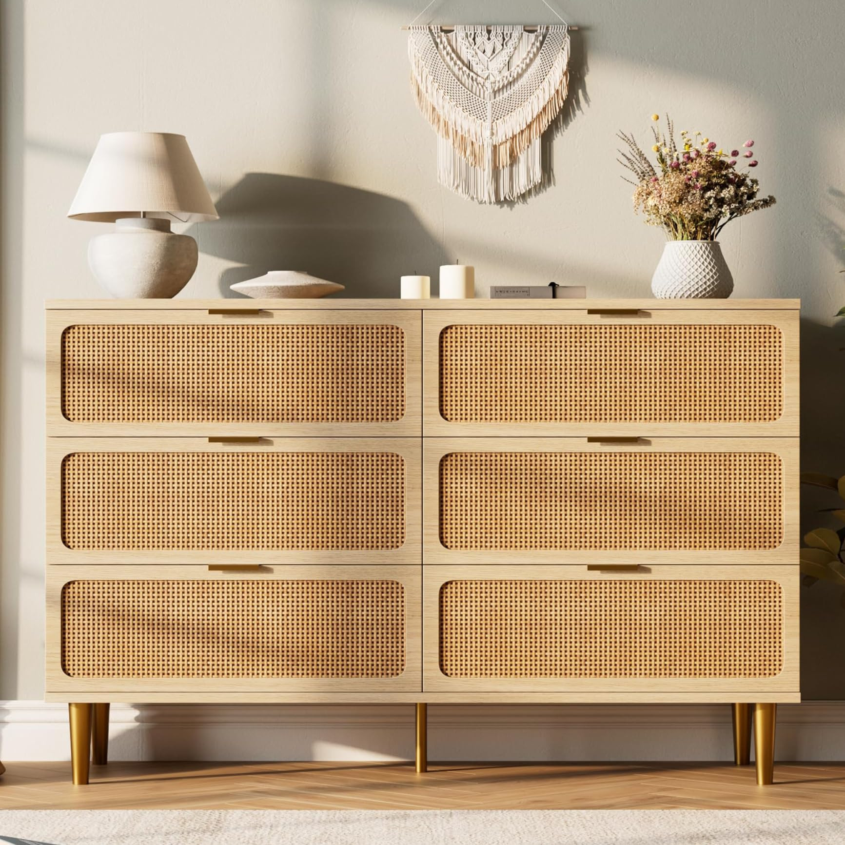 Rattan 6 Drawer Dresser for Bedroom, Large Double Dresser with Deep Drawers, Wooden Chest of Draw... | Amazon (US)