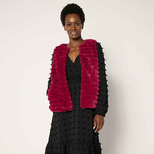 Nina Leonard Striped Faux Fur Vest - Red - Size 3X | HSN