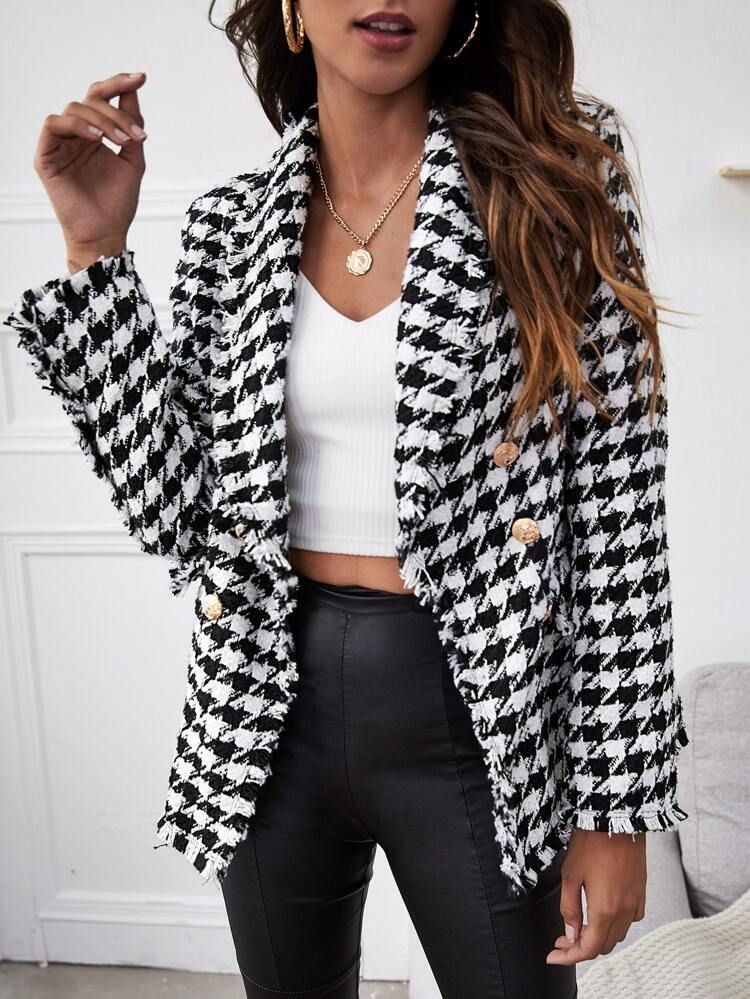 Houndstooth Double Button Tweed Blazer | SHEIN