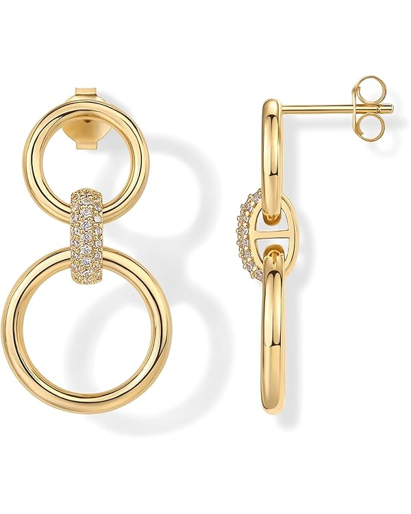 PAVOI 14K Gold Plated Chunky Triple Hoop Stud Earrings for Women | Cubic Zirconia Chunky Studs | ... | Amazon (US)