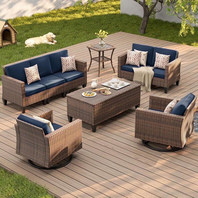 Poteban Outdoor Patio Furniture Set, Rocking Swivel Chair, 9 Pieces Wicker Rattan Sectional Furni... | Walmart (US)