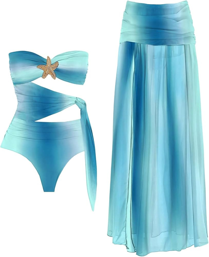 WDIRARA Women's Ombre Two Piece Bathing Suit Cut Out Bandeau One Piece Swimsuit with Long Cover U... | Amazon (US)