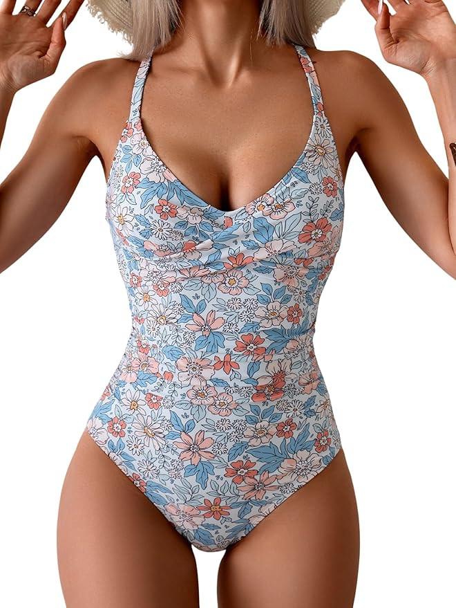 B2prity Women's One Piece Swimsuits Tummy Control Front Cross Bathing Suits Tie Back Slimming V N... | Amazon (US)