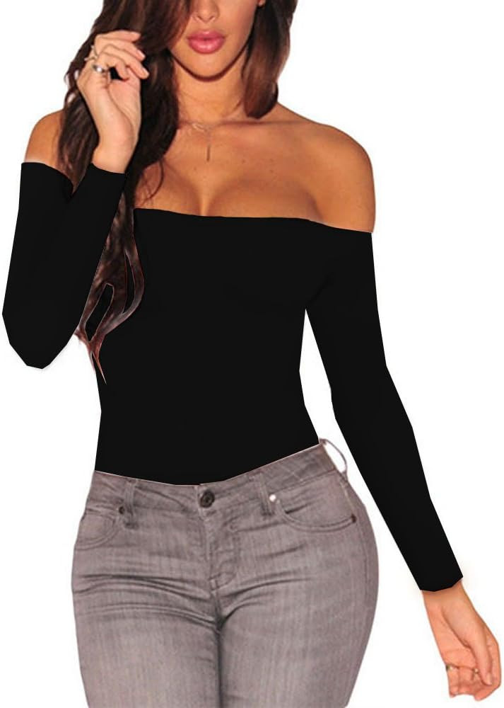 Lrady Women's Long Sleeves Bodysuit Off Shoulder Leotard Jumpsuits Rompers Tops | Amazon (US)