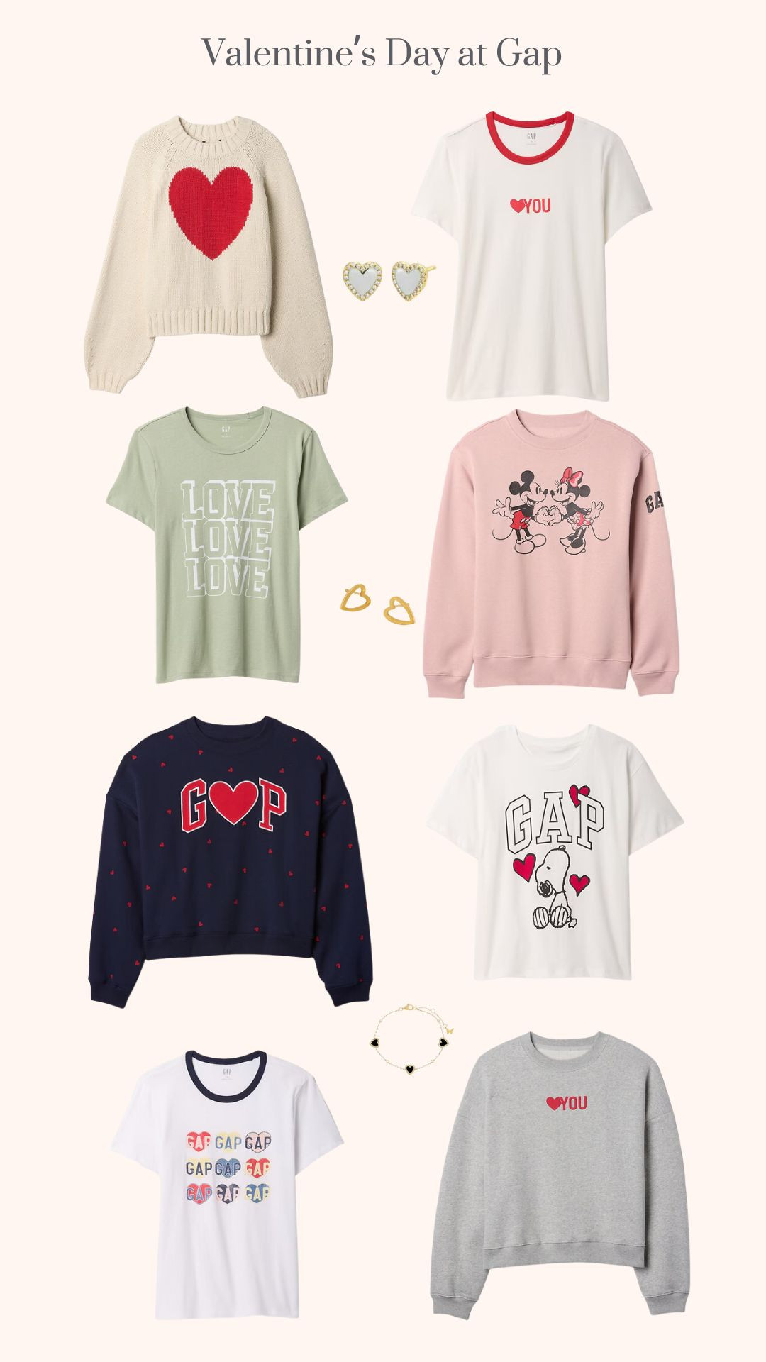 Valentine's Day at Gap. Valentine's Day Women's Clothes and Gift Ideas. Heart Sweater. Gap Heart Favorite Graphic T-Shirt. Gap Snoopy Heart Relaxed Graphic T-Shirt. Pink Disney Relaxed V-Day Graphic Sweatshirt. Red and White Favorite Graphic T-Shirt. Sage Green Love Favorite Graphic T-Shirt. Grey and Red Oversized Wedge Valentine's Day Graphic Sweatshirt. Dark Blue and Red Hearts Oversized Gap Logo Sweatshirt. Pave Multi Heart Stone Bracelet. Colored Stone Heart Stud Earring. Gold Heart Outline Stud Earrings. Cream with Red Heart Relaxed Balloon-Sleeve Sweater.  

 #LTKGiftGuide #LTKSeasonal
