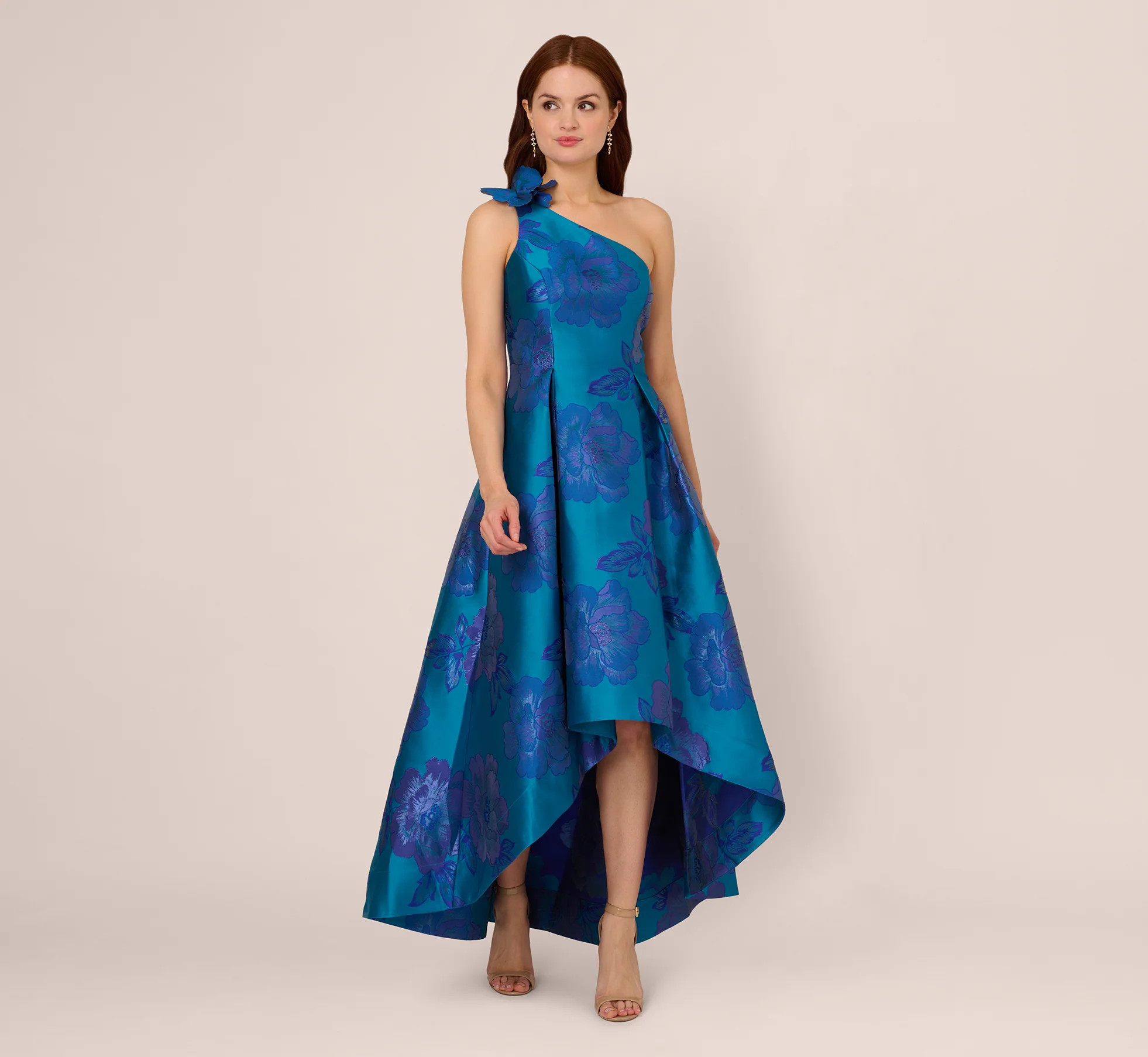 Floral Jacquard One Shoulder High Low Gown With Rosette Accent In Teal | Adrianna Papell