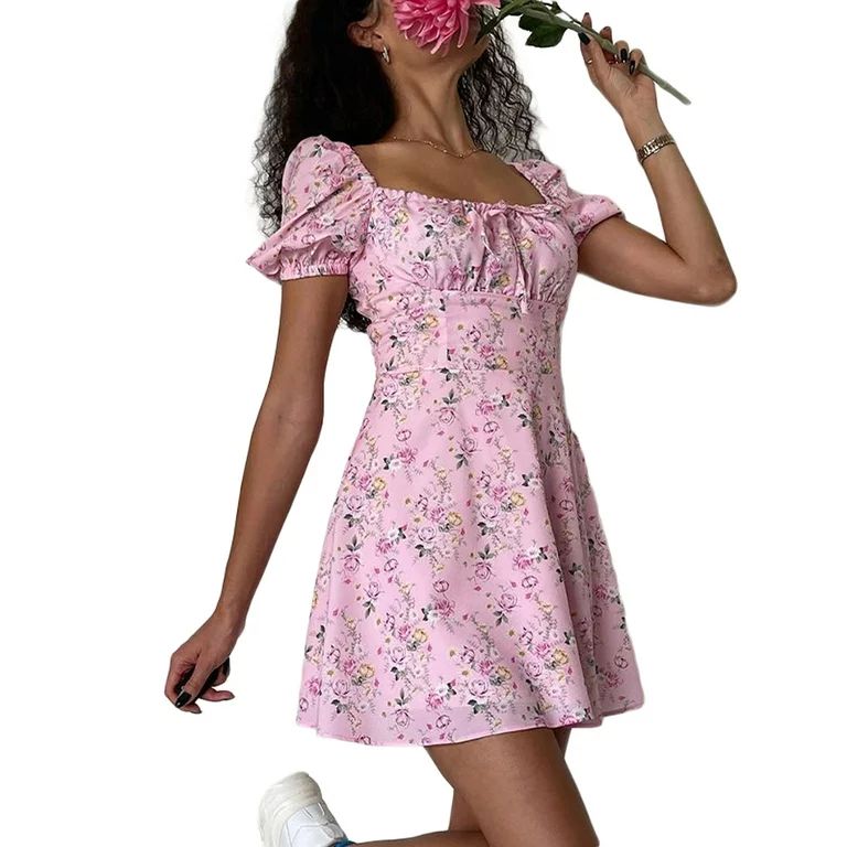 wybzd Women Floral Puff Sleeve Mini Dress Drawstring Ruched Square Neck A Line Summer Short Dress... | Walmart (US)
