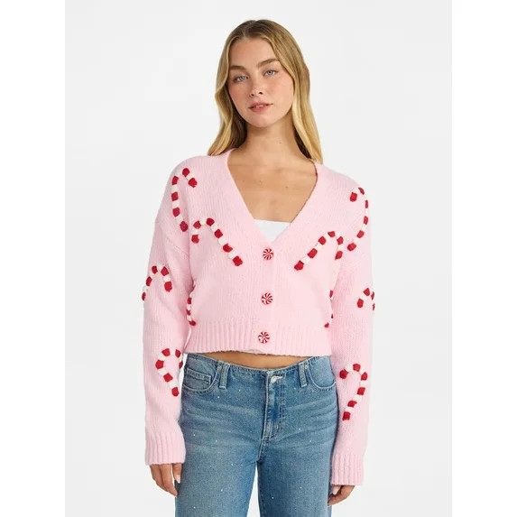No Boundaries Embroidered Christmas Cardigan, Women's & Women's Plus | Walmart (US)