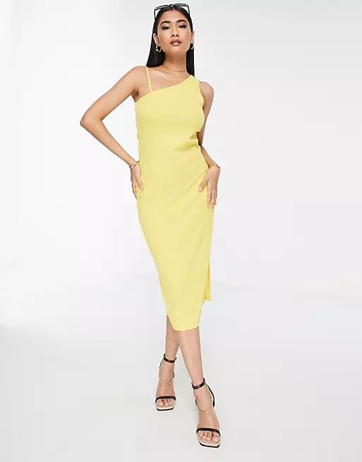 Vero Moda ribbed jersey body-conscious midi dress with one shoulder in yellow | ASOS (Global)