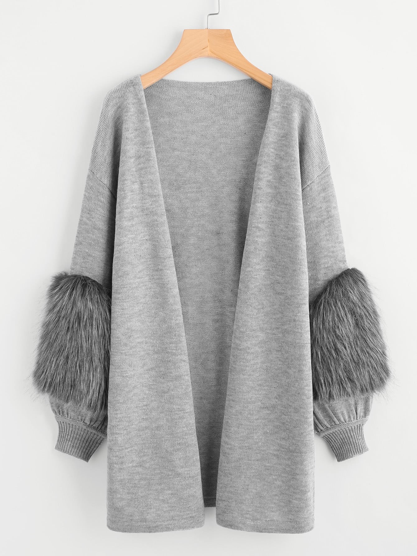 Contrast Faux Fur Sleeve Open Front Cardigan | SHEIN