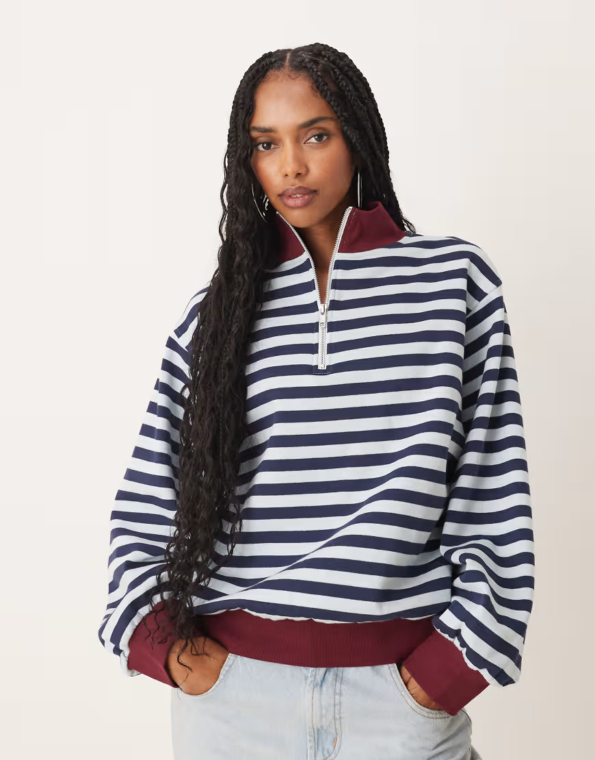 ASOS DESIGN half zip sweatshirt in blue and burgundy stripes-Multi | ASOS (Global)