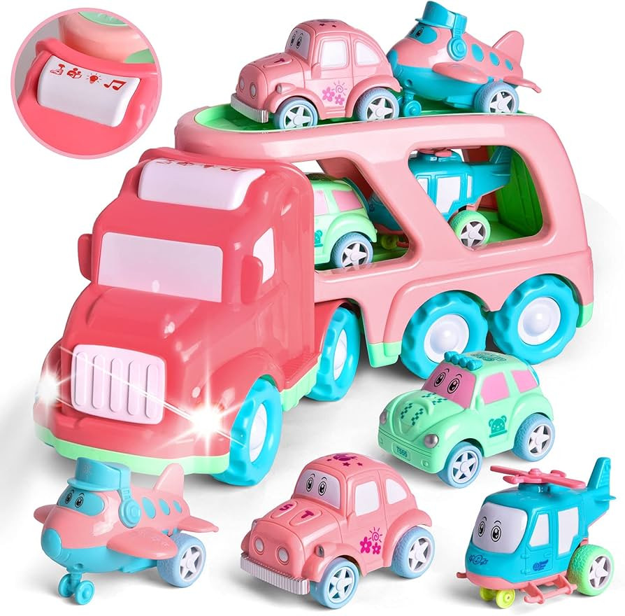 FUN LITTLE TOYS Toys for 1 2 3 Year Old Girls, 5-in-1 Carrier Truck for Toddler Girl, Pink Cartoo... | Amazon (US)