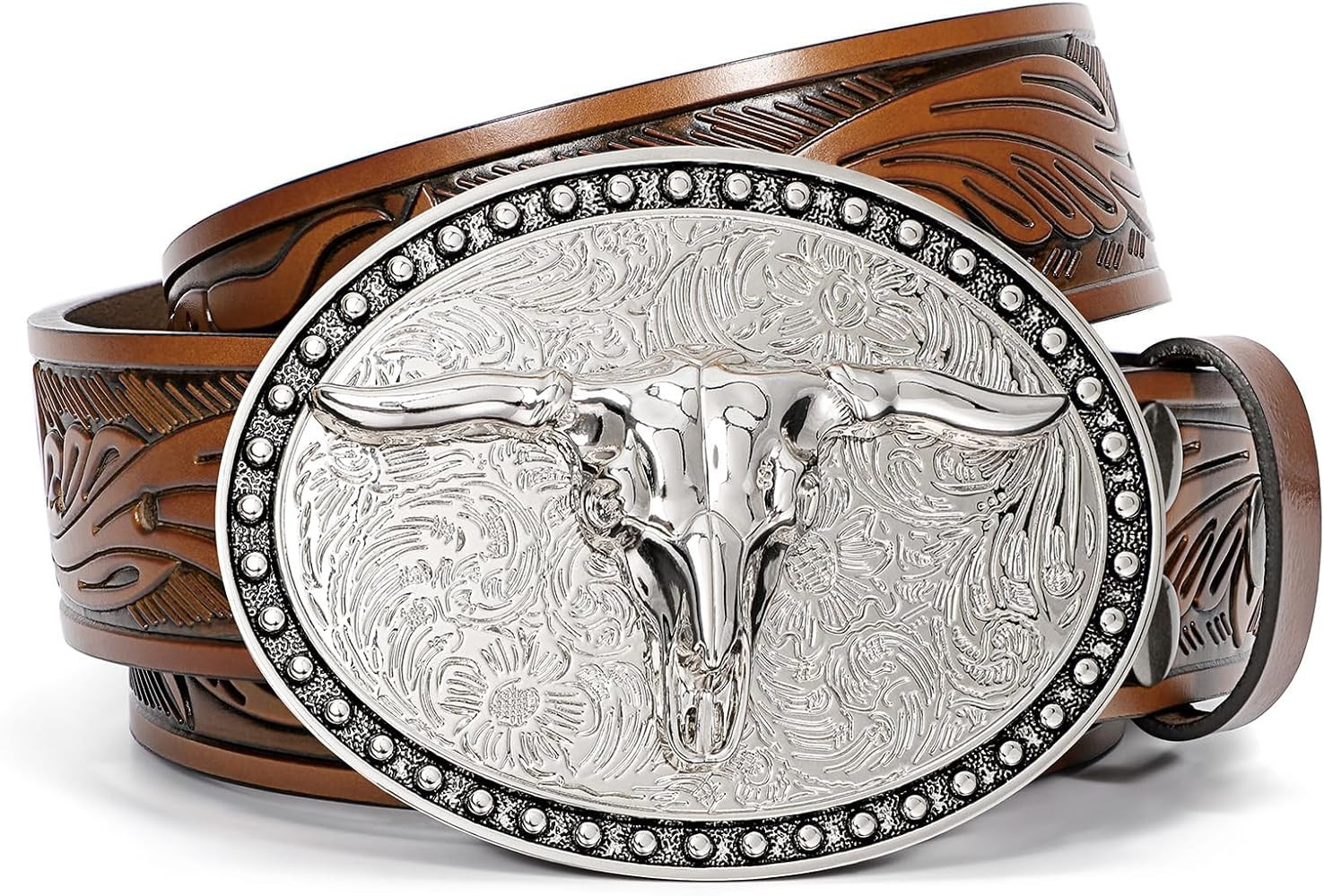 SANSTHS Western Belt Cowboy Belts for Men Women, Western Leather Belts Bull Buckle Belt Embossed ... | Amazon (US)