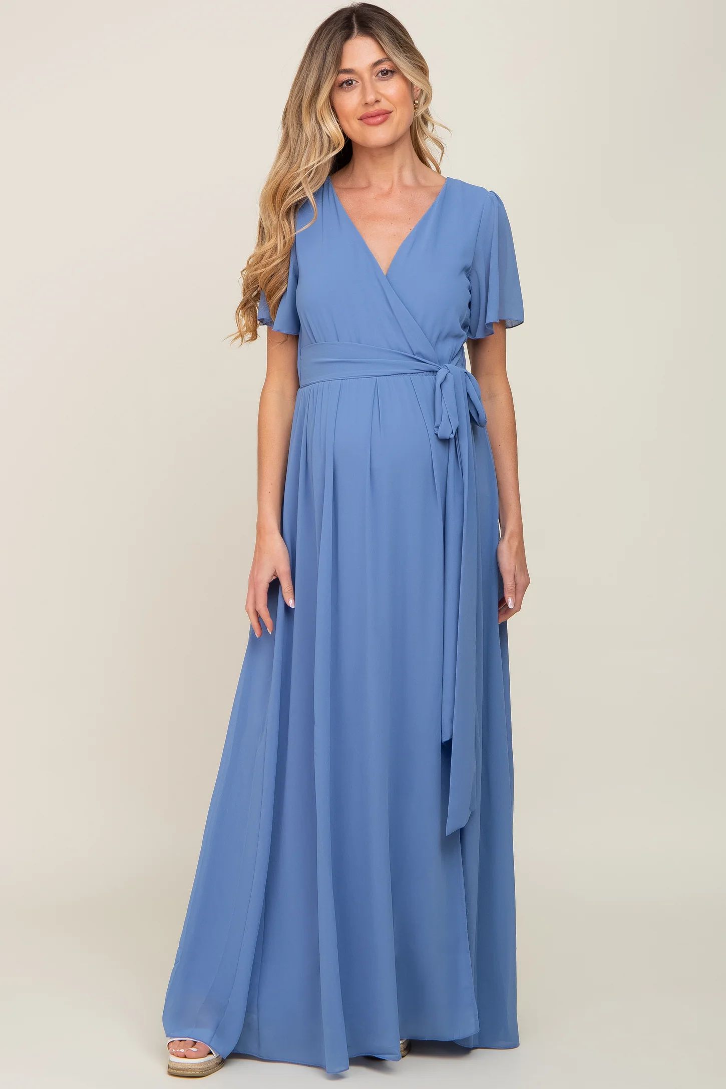 Blue Chiffon Short Sleeve Wrap V-Neck Front Slit Maternity Maxi Dress | PinkBlush Maternity