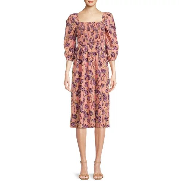 Time and Tru Women's 3/4 Sleeve Smocked Midi Dress - Walmart.com | Walmart (US)