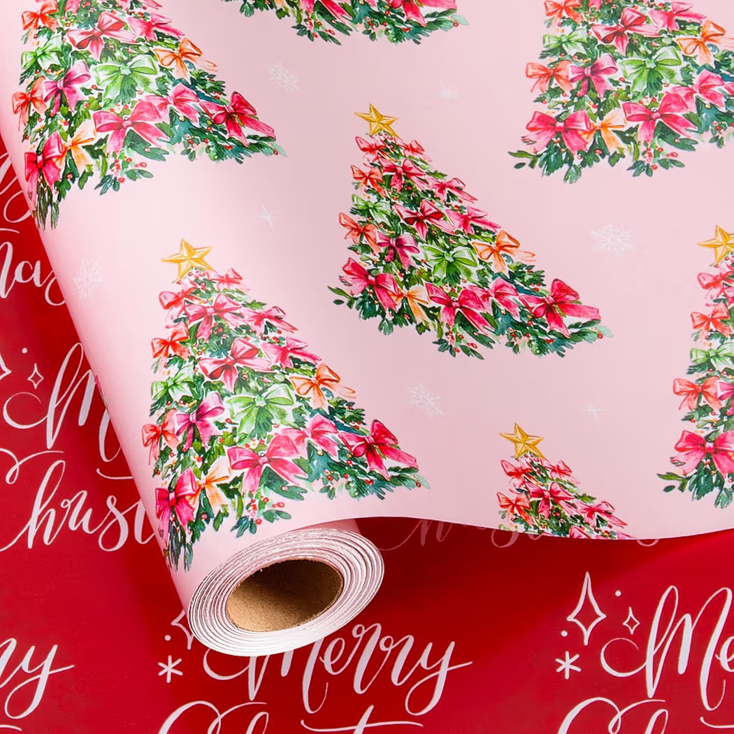 Homeral Pink Christmas Wrapping Paper Roll - Green Trees with Bows & Red Merry Letters Reversible... | Amazon (US)