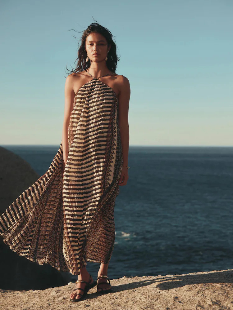 Chocolate Brown Stripe Halter Neck Maxi Dress | Next US