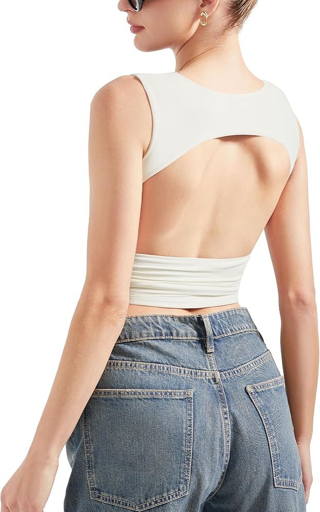 SUUKSESS Women Sexy Backless Tank Top Going Out Double Lined Y2k Basic Crop Tops | Amazon (US)