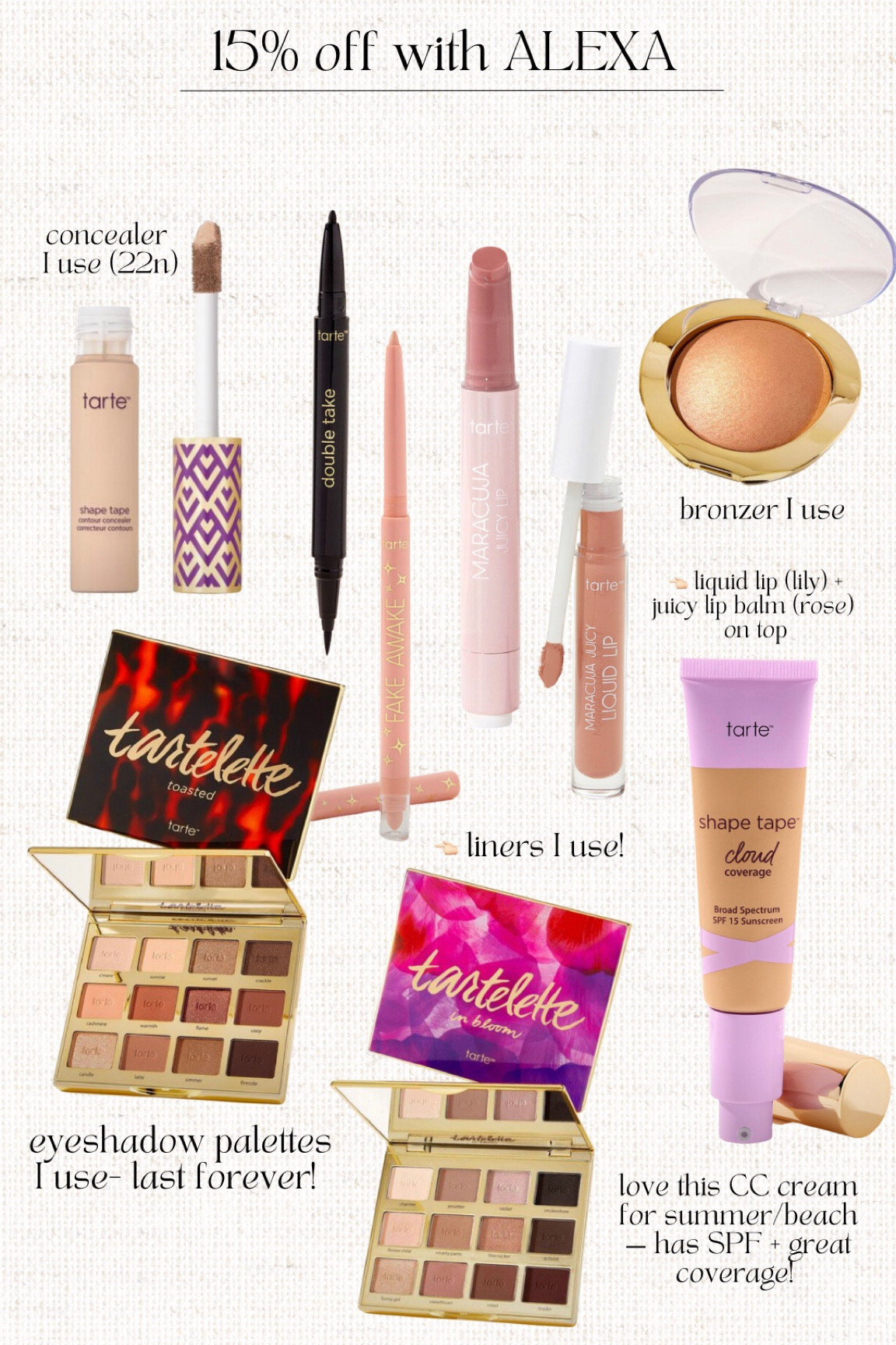 Must have tarte products - ALEXA for 15% off! 

#LTKunder50 #LTKstyletip #LTKbeauty
