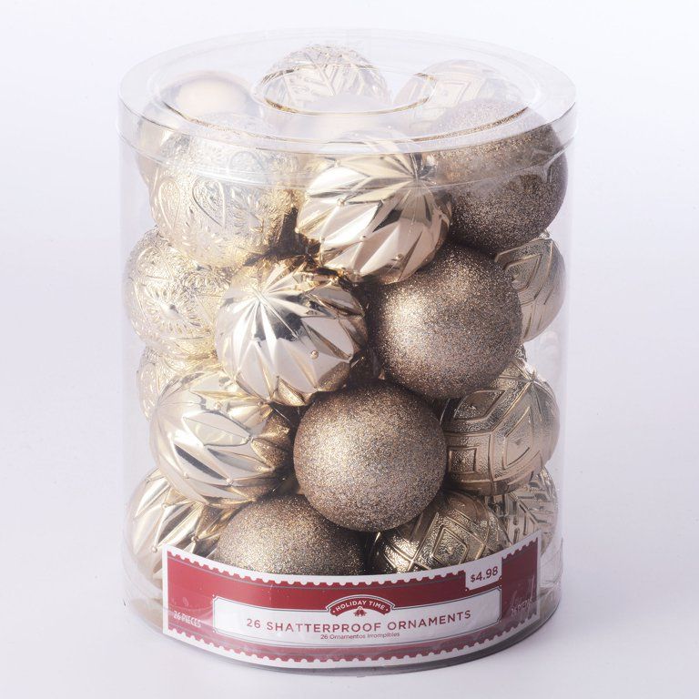 Holiday Time 60 mm Multi-textured Christmas Shatterproof Ornaments, Champagne Gold, 26 Count | Walmart (US)