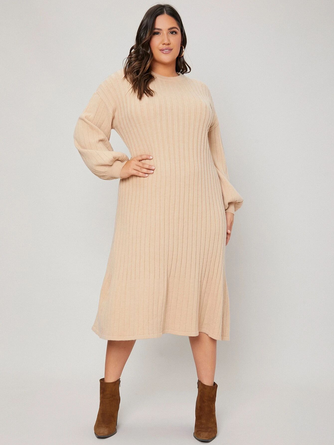 SHEIN Plus Lantern Sleeve Ribbed Knit Sweater Dress | SHEIN