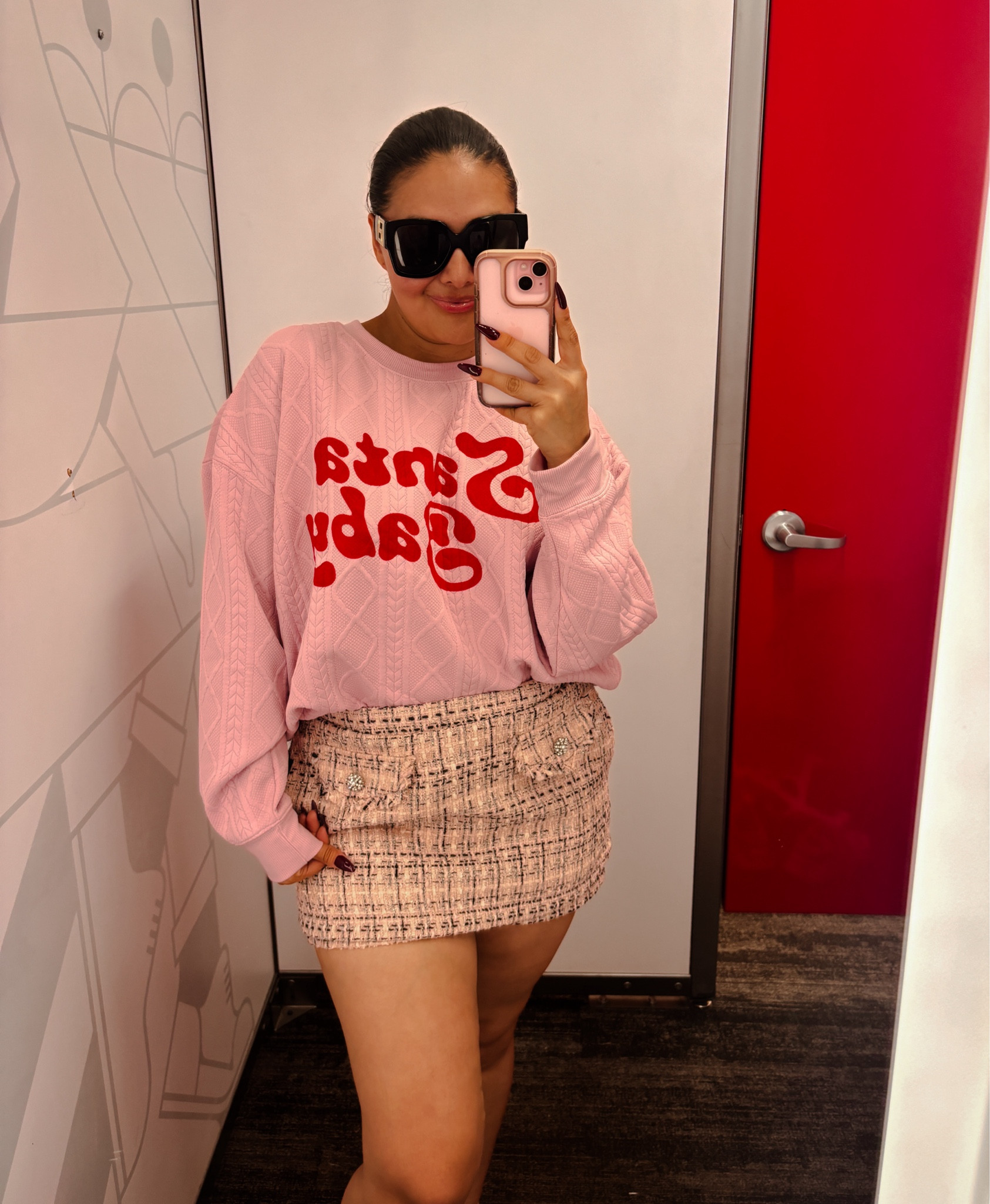 Perfect Holiday outfit for a cozy but put together day. Santa Baby sweater with tweed pink skirt. You can wear this to your next girls holiday outing. 🎄

#LTKHoliday #LTKGiftGuide #LTKSeasonal