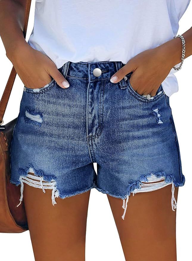 MINGALONDON Women's Denim Shorts Mid Waist Ripped Distressed | Amazon (US)