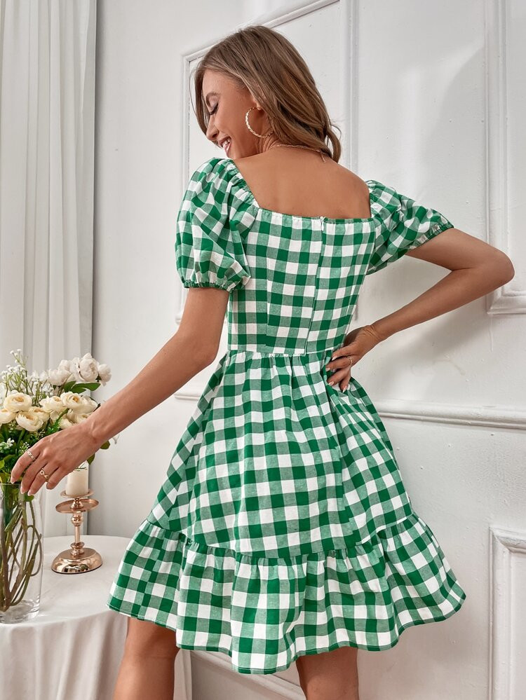 A-Line Sweetheart Neck Gingham Print Ruffle Hem Dress | SHEIN