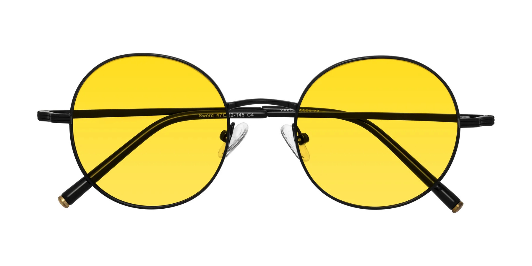 Black Retro-Vintage Metal Round Tinted Sunglasses with Yellow Sunwear Lenses - Sword | Yesglasses