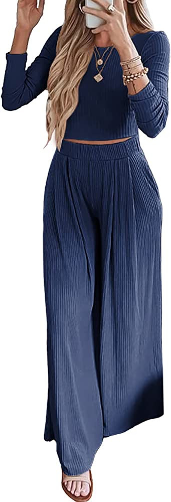 BTFBM Women's Two Piece Lounge Set Long Sleeve Bodycon Ribbed Knit Crop Top Loose Wide Leg Pant C... | Amazon (US)