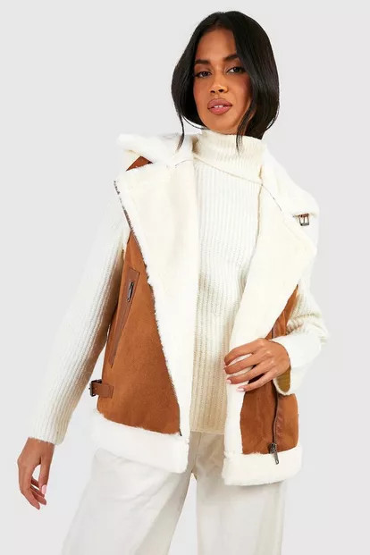Veste aviateur sans manches en fausse fourrure | Boohoo.com (FR)