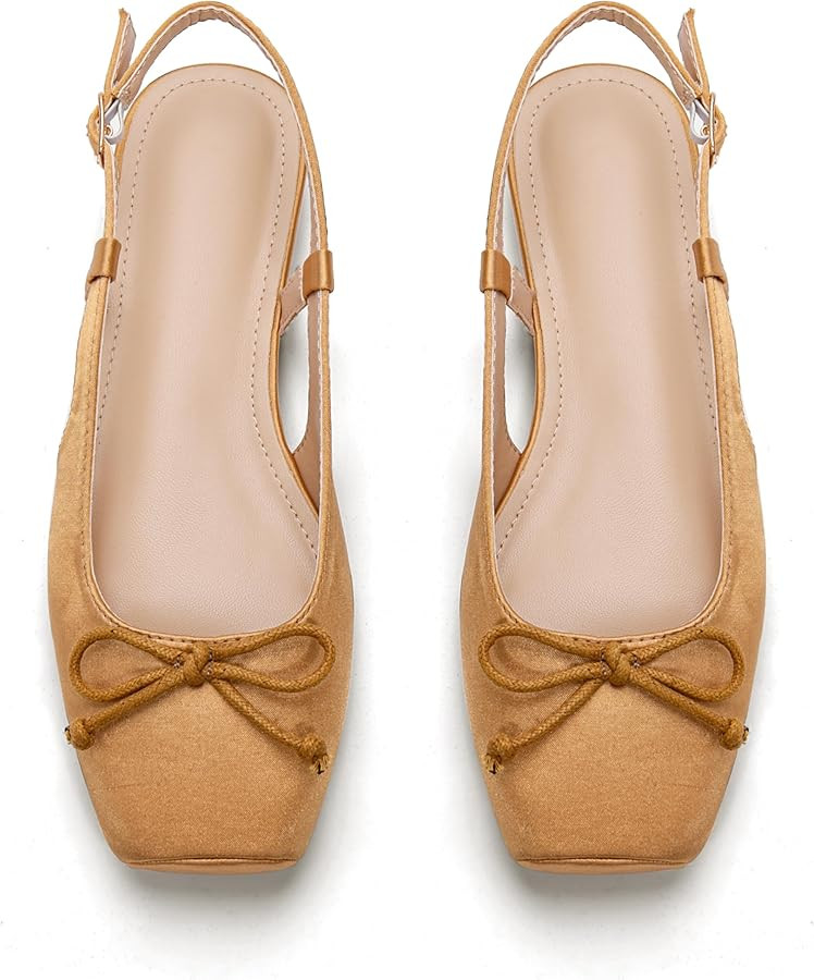 Women's Ballet Flats Slingbacks Square Toe Bow Knit Dressy Flat Shoes with Ankle Buckles Satin | Amazon (US)