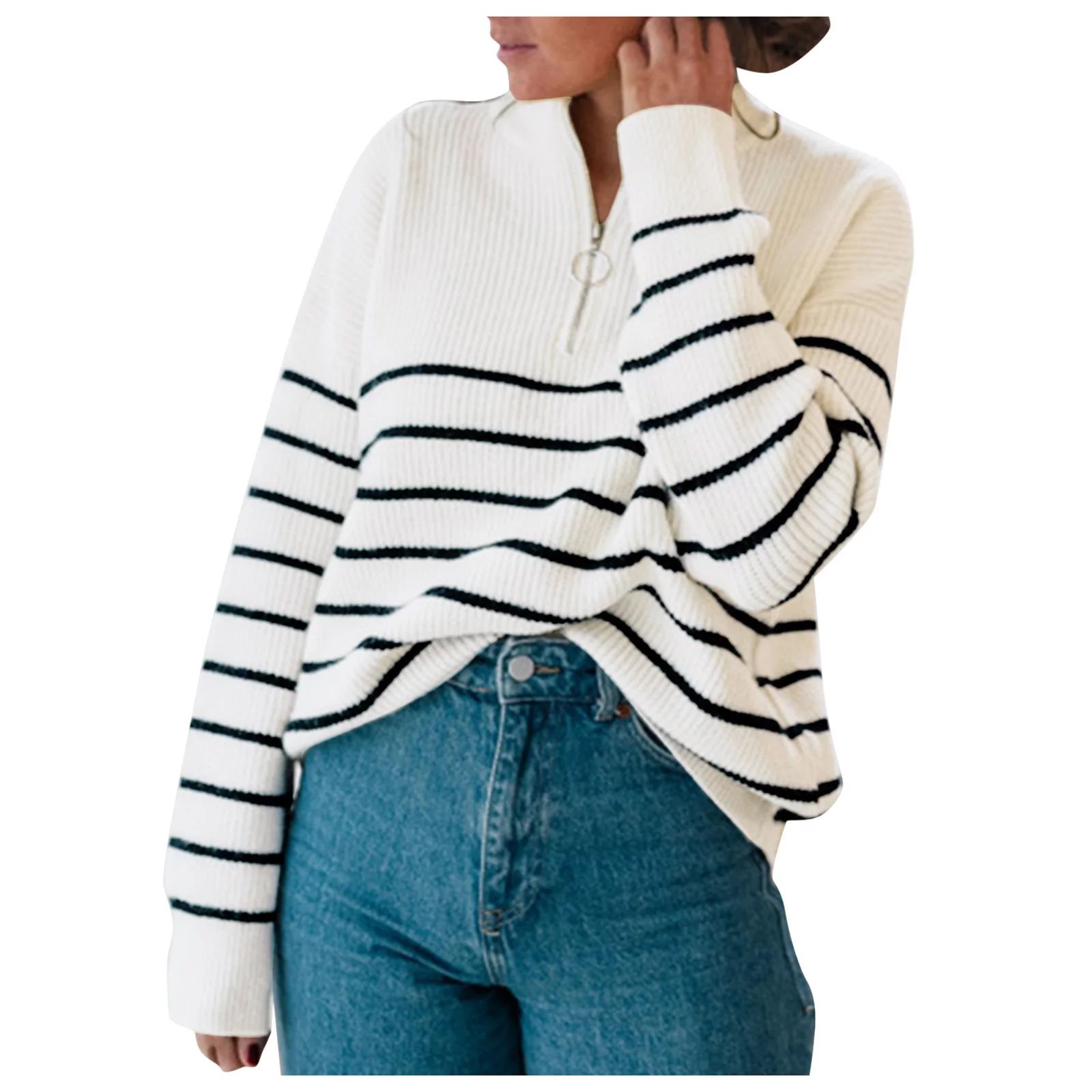 Xutthjh Women Sweater Round Neck Stripe Patchwork Loose Sweater Zipper Cardigan Leisure Clothes | Walmart (US)